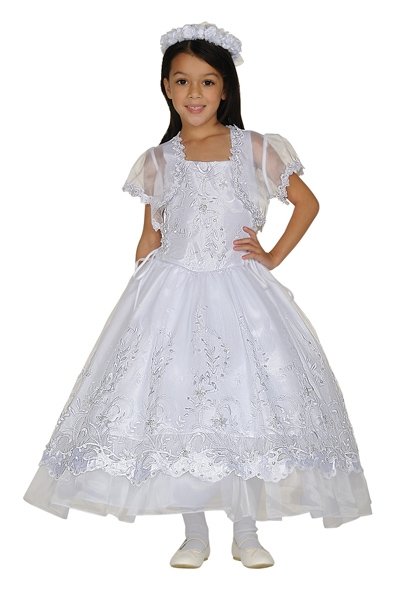 communion gown with lace trimmed jacket